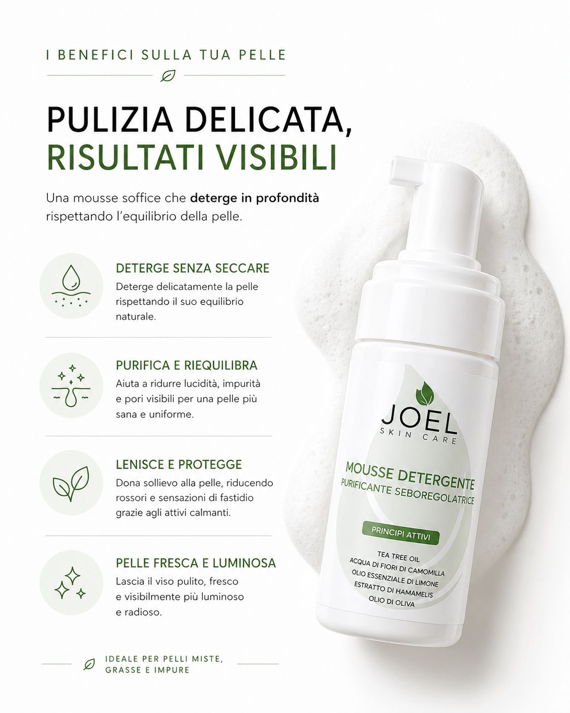 Mousse detergente viso purificante e delicata